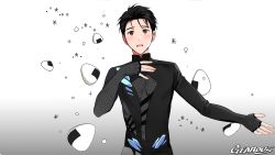 Rule 34 | 1boy, :o, artist name, black hair, blush, brown eyes, commentary, expressionless, food, gearous, gradient background, grey background, hair slicked back, hand on own chest, katsuki yuuri, looking up, male focus, onigiri, open mouth, outstretched arm, rice, short hair, simple background, standing, symbol-only commentary, twitter sparkles, upper body, white background, yuri!!! on ice