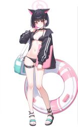 1girl absurdres animal_ears aqua_bag bag belt bikini black_bikini black_hair black_jacket black_sandals blue_archive blush breasts cat_ears closed_mouth collarbone colored_inner_hair esseppd extra_ears hair_behind_ear hair_ornament hairclip halo highres jacket kazusa_(blue_archive) long_sleeves looking_at_viewer medium_hair multicolored_hair navel pink_eyes pink_hair pink_halo pink_innertube shoulder_bag simple_background solo stomach swimsuit thigh_belt thigh_strap thighs two-tone_hair white_background