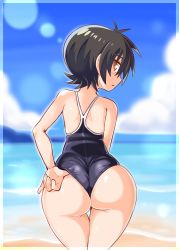 Rule 34 | 1girl, adjusting clothes, adjusting swimsuit, ass, bare shoulders, black hair, blush, brown eyes, cougar (cougar1404), from behind, huge ass, looking back, nari (cougar1404), one-piece swimsuit, open mouth, original, shiny clothes, shiny skin, short hair, solo, swimsuit, wedgie