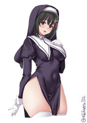 Rule 34 | 1girl, black dress, black hair, breasts, brown eyes, covered navel, dress, ebifurya, gloves, habit, haguro (kancolle), hair between eyes, hair ornament, hairclip, hand on own chest, hand up, highres, juliet sleeves, kantai collection, long sleeves, looking at viewer, nun, one-hour drawing challenge, pelvic curtain, puffy sleeves, short hair, simple background, smile, solo, thighhighs, thighs, twitter username, white background, white gloves, white thighhighs