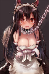 Rule 34 | 1girl, alternate costume, animal ears, apron, bare shoulders, bdsm, black collar, black dress, blush, bondage, bound, bound arms, breasts, brown hair, chain, cleavage, collar, commentary request, dress, efe, elbow gloves, enmaided, gloves, grey background, hair between eyes, imaizumi kagerou, large breasts, light particles, long dress, long hair, long skirt, looking at viewer, maid, maid apron, maid headdress, open mouth, petticoat, red eyes, seiza, simple background, sitting, skirt, solo, strapless, strapless dress, tail, touhou, upper body, very long hair, waist apron, white apron, white gloves, wolf ears, wolf tail