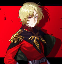 Rule 34 | 1boy, arm at side, belt, black border, black cape, blonde hair, blue eyes, border, cape, char aznable, drop shadow, epaulettes, expressionless, gloves, gundam, hand on own hip, high collar, highres, jacket, letterboxed, long sleeves, looking to the side, male focus, military uniform, mobile suit gundam, outside border, red jacket, short hair, simple background, solo, uniform, upper body, ususio 11, white belt, white gloves, wind