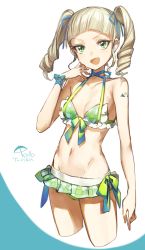 Rule 34 | &gt;:d, 1girl, :d, aikatsu!, aikatsu! (series), bikini, bikini skirt, blonde hair, blue background, blue ribbon, breasts, character name, cowboy shot, cropped legs, drill hair, fang, front-tie bikini top, front-tie top, green bikini, green eyes, hair ribbon, hand up, highres, hip focus, long hair, looking at viewer, navel, open mouth, plaid, plaid skirt, ribbon, shoulder tattoo, side-tie bikini bottom, simple background, skirt, small breasts, smile, solo, swimsuit, tattoo, thighs, todo yurika, twin drills, twintails, v-shaped eyebrows, wata (attaka towel), white background