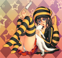 Rule 34 | 1girl, :o, beanie, breasts, brown eyes, brown hair, cat, checkered background, cleavage, food, glasses, hat, jacket, lvans, multicolored clothes, multicolored legwear, open mouth, panties, pantyshot, patterned legwear, pillow, popsicle, purple eyes, red-framed eyewear, red skirt, short hair, sitting, skirt, small breasts, solo, star (symbol), striped clothes, striped thighhighs, thighhighs, track jacket, two-tone stripes, underwear, upskirt, white cat, white panties, yellow thighhighs