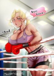 Rule 34 | 1girl, boxing, boxing gloves, boxing ring, breasts, cleavage, large breasts, solo, sports bra, sweat, sweatdrop, tagme, yasuda makoto