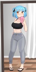 Rule 34 | 1girl, absurdres, bare shoulders, black bra, blue hair, blush, bra, breasts, cellphone, cleavage, collarbone, full body, grey pants, hair ornament, hairclip, hand on own hip, highres, ii (peps art), indoors, large breasts, light blue hair, looking at viewer, midriff, mirror, multicolored nails, nail polish, navel, orange eyes, original, pants, peps art, phone, puckered lips, reflection, sandals, selfie, short twintails, sidelocks, smartphone, solo, sports bra, sweatpants, swept bangs, toenail polish, toenails, twintails, twitter username, underwear