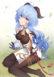 Rule 34 | 1girl, ahoge, arm support, bell, black gloves, black legwear, blue hair, blush, breasts, chinese knot, detached sleeves, feet, feet out of frame, flower knot, ganyu (genshin impact), genshin impact, gloves, gold trim, grass, highres, horns, leaf, long hair, looking at viewer, low ponytail, medium breasts, neck bell, no shoes, paid reward available, pelvic curtain, purple eyes, red rope, rope, sidelocks, sitting, smile, solo, tassel, thighlet, thighs, vision (genshin impact), white sleeves, yellowpaint., yokozuwari
