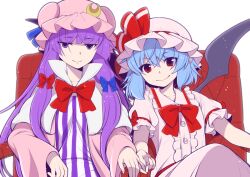 Rule 34 | 2girls, bat wings, blue hair, blunt bangs, bob cut, bow, buttons, chair, crescent, eichi yuu, embodiment of scarlet devil, frilled skirt, frills, hair between eyes, hair bow, hat, interlocked fingers, long hair, long sleeves, mob cap, multiple girls, nightgown, patchouli knowledge, pointy ears, puffy sleeves, purple eyes, purple hair, red eyes, remilia scarlet, short hair, short sleeves, sitting, skirt, smile, striped, touhou, vampire, vertical stripes, white background, wings