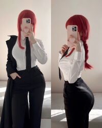 1girl ass ass_focus breasts chainsaw_man cosplay highres large_breasts long_hair makima_(chainsaw_man) makima_(chainsaw_man)_(cosplay) real_life red_hair selfie solo