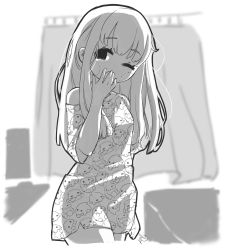 Rule 34 | 1girl, absurdres, angelica (k3lly), artist name, blush, curtains, greyscale, head tilt, highres, long hair, looking at viewer, monochrome, noobember, one eye closed, pajamas, sleepy, solo, standing, stitched blush, yawning