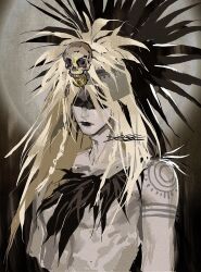 Rule 34 | 1boy, arm tattoo, aztec, black lips, blonde hair, braid, facepaint, fate/grand order, fate (series), hair ornament, hair over eyes, je0y16, jewelry, long hair, male focus, necklace, protected link, shoulder tattoo, simple background, skinny, skull hair ornament, solo, tattoo, tezcatlipoca (fate), tezcatlipoca (third ascension) (fate), twin braids, unfinished, upper body