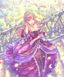 Rule 34 | 1girl, :d, bird, blonde hair, breasts, cleavage, collarbone, day, dress, floating hair, from above, green eyes, hand in own hair, highres, hisakata souji, jewelry, long dress, long hair, looking at viewer, medium breasts, necklace, open mouth, outdoors, petals, purple dress, shingeki no bahamut, smile, solo, stairs