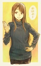 Rule 34 | 1girl, breasts, brown eyes, brown hair, eyebrows hidden by hair, hand on own hip, hiro (chumo), long hair, medium breasts, original, ribbed sweater, smile, solo, sweater, translated, turtleneck, turtleneck sweater, upper body, waving