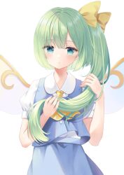 Rule 34 | 1girl, ascot, blue skirt, blue vest, collared shirt, daiyousei, fairy, fairy wings, green eyes, green hair, hair ribbon, highres, holding, holding own hair, puffy short sleeves, puffy sleeves, ribbon, shirt, short hair, short sleeves, side ponytail, skirt, touhou, vest, wings, y na1211, yellow ascot, yellow ribbon
