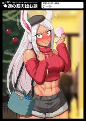 Rule 34 | 1girl, abs, animal ears, bag, bare shoulders, beret, black border, black headwear, black shorts, blurry, blurry background, blush, boku no hero academia, book, border, box, braid, braided bangs, breasts, christmas tree, clenched hand, cropped sweater, dark-skinned female, dark skin, dated, detached sleeves, embarrassed, gift, gift box, hands up, harurukan, hat, highres, holding, holding bag, holding compact, jewelry, large breasts, long eyelashes, long hair, looking at viewer, midriff, mirko, muscular, muscular female, nail polish, navel, necklace, nose blush, parted bangs, pendant, rabbit ears, rabbit girl, red eyes, red nails, red sleeves, red sweater, ribbed sleeves, ribbed sweater, short shorts, shorts, solo, sweatdrop, sweater, thighs, turtleneck, turtleneck sweater, twitter username, very long hair, wavy mouth, white hair