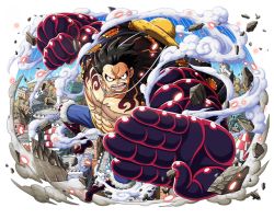 Rule 34 | 1boy, black hair, blue shorts, bodskih, full body, gear fourth, gear fourth: boundman, haki, hat, jumping, looking at viewer, male focus, monkey d. luffy, official art, one piece, one piece treasure cruise, open mouth, shiny skin, short hair, shorts, solo, spoilder, spoilers, steam, straw hat, transparent background, yellow hat