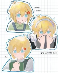 Rule 34 | 1boy, alternate costume, basil (faraway) (omori), basil (omori), blonde hair, blue eyes, blush, closed mouth, collared shirt, english text, enmaided, flower, flying sweatdrops, green shirt, green sweater vest, hair flower, hair ornament, highres, holding, holding tray, looking at viewer, maid, maid headdress, omori, open mouth, shirt, short hair, short sleeves, solo, sweater vest, tray, ttyyuwwuw, white shirt