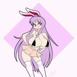 Rule 34 | 1girl, animated, animated gif, bikini, blush, bouncing breasts, breasts, female focus, highres, huge breasts, large breasts, long hair, looking at viewer, purple hair, rabbit ears, rabbit girl, red eyes, reisen udongein inaba, skirt, solo, standing, swimsuit, thighhighs, thong, touhou, white thighhighs, zedrin