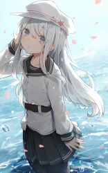 Rule 34 | 1girl, :o, belt, black pantyhose, blush, buttons, day, flat cap, grey eyes, hammer and sickle, hat, hibiki (kancolle), kantai collection, long hair, long sleeves, mitamgr, open mouth, outdoors, pantyhose, petals, pleated skirt, school uniform, serafuku, silver hair, skirt, sky, solo, star (symbol), verniy (kancolle), water, white hat