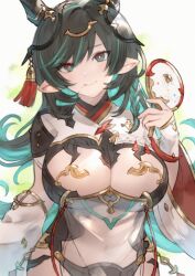 Rule 34 | 1girl, arm up, black hair, braid, breasts, cape, cleavage, colored inner hair, commentary, cowboy shot, detached sleeves, draph, elbow gloves, english commentary, fingerless gloves, gloves, gradient eyes, gradient hair, granblue fantasy, green background, green hair, hair between eyes, hand fan, highres, holding, holding fan, horns, large breasts, light smile, long hair, multicolored background, multicolored eyes, multicolored hair, payila (granblue fantasy), pointy ears, see-through, sidelocks, single braid, solo, star v1sta, streaked hair, white background