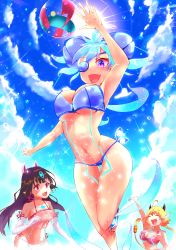 Rule 34 | 3girls, :d, ^ ^, absurdres, ahoge, animal ears, aqua hair, arm up, armpits, ball, bandaged arm, bandages, bare shoulders, beachball, bikini, black hair, blonde hair, blue bikini, blue eyes, blush, body markings, breasts, cleavage, clenched hand, closed eyes, cloud, collarbone, commentary request, covered erect nipples, dark-skinned female, dark skin, day, eyebrows hidden by hair, eyepatch, fang, from below, groin, hair between eyes, highres, horns, jumping, kasandra (xenoblade), kora (xenoblade), large breasts, long hair, looking at another, low ponytail, medium breasts, midriff, multiple girls, navel, nintendo, open mouth, outdoors, pointy ears, praxis (xenoblade), purple eyes, red bikini, red eyes, risumi (taka-fallcherryblossom), short hair, sidelocks, smile, sparkle, sun, sunlight, swimsuit, tankini, teeth, thigh gap, underboob, upper teeth only, water drop, xenoblade chronicles (series), xenoblade chronicles 2