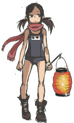 Rule 34 | 1girl, bare arms, bare legs, bare shoulders, black eyes, boots, bright pupils, brown hair, frown, full body, highres, lantern, one-piece swimsuit, paper lantern, red muffler, red scarf, scarf, school swimsuit, solo, swimsuit, translated, twintails, white background, yamamoto souichirou