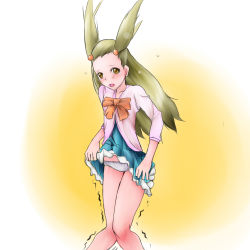 Rule 34 | 1girl, blue dress, blush, bow, brown hair, clothes lift, collarbone, creatures (company), dress, dress lift, embarrassed, female focus, flat chest, forehead, frilled dress, frills, game freak, gradient background, gym leader, hair bobbles, hair ornament, have to pee, highres, jasmine (pokemon), knees together feet apart, lifting own clothes, long hair, long sleeves, looking at viewer, nintendo, open mouth, orange bow, panties, pokemon, pokemon hgss, shirt, simple background, solo, standing, tears, toudo no kaeru, trembling, two side up, underwear, white panties, white shirt, yellow background