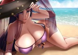 Rule 34 | 1girl, absurdres, bikini, breasts, cleavage, eyepatch bikini, f.w.zholic, fate/grand order, fate (series), hat, highres, huge breasts, long hair, looking at viewer, lying, minamoto no raikou (fate), minamoto no raikou (fate/grand order), minamoto no raikou (swimsuit lancer) (fate), minamoto no raikou (swimsuit lancer) (first ascension) (fate), on side, parted lips, purple hair, revision, solo, swimsuit, thighs, very long hair