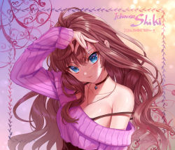 Rule 34 | 1girl, ahoge, arm up, blue eyes, blush, breasts, brown hair, character name, choker, cleavage, collarbone, hair between eyes, highres, ichinose shiki, idolmaster, idolmaster cinderella girls, jewelry, large breasts, lips, long hair, long sleeves, looking at viewer, nail polish, necklace, ninto, off shoulder, parted lips, pink nails, smile, solo, strap lift, upper body, wavy hair