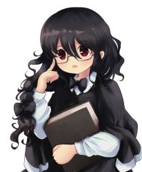 Rule 34 | 1980s (style), 1girl, adjusting eyewear, alternate color, bad id, bad twitter id, black bow, black bowtie, black capelet, black hair, black skirt, black vest, book, bow, bowtie, braid, capelet, collared shirt, commentary request, glasses, hair bow, highres, holding, holding book, long hair, long sleeves, okazaki yumemi, oldschool, open mouth, red eyes, retro artstyle, shirt, simple background, skirt, takemoto izumi (style), touhou, touhou (pc-98), upper body, vest, white background, white shirt, yatyou