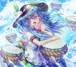 Rule 34 | 1girl, apron, black hat, blue hair, blue skirt, bow, bowtie, cloud, dress shirt, eating, floating, floating hair, floating object, food, fruit, green sash, hat, here (hr rz ggg), highres, hinanawi tenshi, keystone, leaf, long hair, looking at viewer, neck ribbon, peach, puffy short sleeves, puffy sleeves, rainbow gradient, rainbow order, red bow, red eyes, ribbon, rope, sash, shimenawa, shirt, short sleeves, skirt, sky, solo, stone, touhou, white shirt