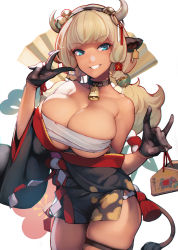 Rule 34 | 1girl, absurdres, animal ears, aqua eyes, ataruman, bare shoulders, bell, black collar, black gloves, blonde hair, blunt bangs, breasts, chest sarashi, chinese zodiac, collar, collarbone, commentary request, cow ears, cow girl, cow horns, cow tail, cowbell, cowboy shot, dark-skinned female, dark skin, ear tag, ema, gloves, hair bell, hair ornament, highres, horns, jingle bell, large breasts, looking at viewer, neck bell, original, parted lips, sarashi, smile, solo, tail, thigh strap, twintails, v, year of the ox