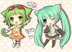 Rule 34 | 2girls, :o, animal ears, arm up, belt, blue eyes, blue hair, blush, bridal garter, brooch, cat ears, cat girl, cat tail, chibi, collared shirt, detached sleeves, goggles, goggles on head, green eyes, green hair, gumi, hatsune miku, izumi chiro, jewelry, long hair, long sleeves, multiple girls, open mouth, shirt, sleeveless, sleeveless shirt, sleeves past wrists, smile, tail, thighhighs, twintails, very long hair, vocaloid, wrist cuffs