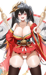 Rule 34 | 1girl, absurdres, ahoge, arm behind back, azur lane, bare shoulders, black hair, black thighhighs, breasts, cleavage, collarbone, hair between eyes, hair ornament, highres, japanese clothes, kimono, large breasts, long hair, looking at viewer, open mouth, panties, pointing, red eyes, red kimono, samart, simple background, skindentation, smile, solo, standing, taihou (azur lane), teeth, thick thighs, thighhighs, thighs, twintails, underwear, upper teeth only, white background, white panties, wide sleeves