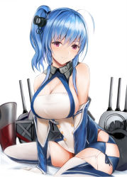 Rule 34 | 1girl, ahoge, argyle, argyle clothes, argyle cutout, arm support, azur lane, bare shoulders, between legs, blue hair, blue thighhighs, breasts, cleavage, closed mouth, clothing cutout, commentary request, elbow gloves, garter straps, gloves, hair ornament, halterneck, hand between legs, large breasts, long hair, looking at viewer, nannacy7, purple eyes, side ponytail, sideboob, sidelocks, simple background, sitting, smile, solo, spread legs, st. louis (azur lane), thighhighs, turret, wariza, white background, white gloves, white thighhighs