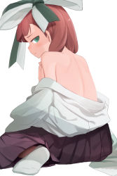 Rule 34 | 10s, 1girl, absurdres, anne (wixoss), back, back focus, bare back, bare shoulders, bow, covering privates, expressionless, from behind, green eyes, hair bow, highres, looking at viewer, looking back, off shoulder, pleated skirt, red hair, seiza, shaded face, shamonabe, simple background, sitting, skirt, socks, solo, upper body, white background, white socks, wixoss