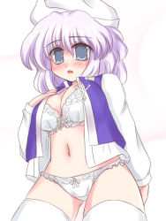 Rule 34 | 1girl, blush, bra, breasts, female focus, gradient background, letty whiterock, lingerie, open clothes, open shirt, panties, ry (yagoyago), shirt, solo, thighhighs, touhou, underwear, white background