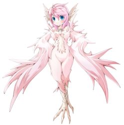 Rule 34 | 1girl, ahoge, blue eyes, blush, breasts, cameltoe, cleavage, feathers, frfr, harpy, jpeg artifacts, monster girl, original, pink hair, smile, solo, tail, winged arms, wings