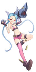 Rule 34 | 1girl, absurdres, bad id, bad pixiv id, belt, blue hair, boots, braid, explosive, full body, gloves, highres, incredibly absurdres, jinx (league of legends), league of legends, long hair, pink eyes, pink thighhighs, shorts, single thighhigh, smile, solo, tattoo, thighhighs, twin braids, very long hair, weapon