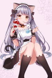 Rule 34 | 1girl, animal ears, apron, bell, bow, breasts, brown dress, brown legwear, cat ears, cat girl, cat tail, collar, cream, cream on face, cup, dress, floral background, food, food on face, fruit, grey background, grey hair, hair between eyes, hair bow, highres, holding, holding cup, holding spoon, knees up, looking at viewer, maid, maid apron, maid headdress, medium breasts, neck bell, orange eyes, original, parfait, shiono (0303), short sleeves, sidelocks, sitting, solo, spoon, strawberry, swept bangs, tail, twintails, utensil in mouth, wrist cuffs