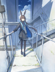 Rule 34 | 1girl, absurdres, amiya (arknights), animal ears, arknights, black jacket, black pantyhose, blue eyes, blue skirt, blue sky, brown hair, closed mouth, cloud, commentary, hang000, highres, jacket, long hair, long sleeves, looking at viewer, open clothes, outdoors, pantyhose, ponytail, rabbit ears, rust, shadow, skirt, sky, smile, solo, stairs, standing
