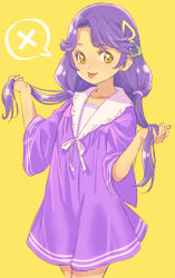 Rule 34 | 1girl, :p, brown eyes, closed mouth, collared dress, commentary, cowboy shot, dress, hair tie, holding, holding hair, jj (ssspulse), long hair, looking at viewer, low twintails, parted bangs, precure, purple dress, purple hair, short dress, short sleeves, simple background, smile, solo, spoken x, standing, suzumura sango, tongue, tongue out, tropical-rouge! precure, twintails, wide sleeves, yellow background