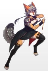 Rule 34 | 1girl, :3, absurdres, animal ear fluff, animal ears, animal feet, animal nose, arm up, artist name, bare shoulders, black dress, black gloves, black thighhighs, body fur, breasts, claws, cleavage, clenched hands, closed mouth, collarbone, commission, cosplay, dagger, dress, dual wielding, female focus, fingerless gloves, floral print, furry, furry female, gloves, gradient background, grey fur, grey hair, hair between eyes, hairband, hand up, heterochromia, highres, holding, holding dagger, holding knife, holding weapon, knife, large breasts, leg up, long hair, looking at viewer, medium breasts, multicolored fur, orange fur, original, pgm300, red eyes, short dress, sidelocks, signature, simple background, snout, solo, spotted fur, spotted tail, spread legs, spy x family, standing, standing on one leg, tail, thighhighs, thighs, toeless legwear, toes, v-shaped eyebrows, weapon, white background, white fur, yellow eyes, yellow fur, yellow hairband, yor briar, yor briar (cosplay), zettai ryouiki