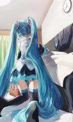 Rule 34 | 1other, bag, bare shoulders, black thighhighs, blanket, blue hair, carpet, clock, unworn clothes, commentary, couch, covering with blanket, detached sleeves, from behind, hair focus, hatsune miku, highres, indoors, jacket, unworn jacket, kneeling, long hair, necktie, unworn necktie, no shoes, pentagon (railgun ky1206), pleated skirt, shirt, skirt, solo focus, thighhighs, twintails, very long hair, vocaloid, wall clock, white shirt