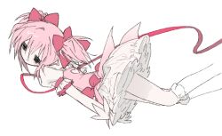 1girl back_cutout black_eyes bow clothing_cutout dress expressionless falling feet_out_of_frame frilled_sleeves frilled_socks frills gloves heart_cutout kaname_madoka kaname_madoka_(magical_girl) kneehighs mahou_shoujo_madoka_magica mahou_shoujo_madoka_magica_(anime) pale_skin petticoat pink_bow pink_dress pink_hair pink_ribbon puffy_short_sleeves puffy_sleeves ribbon short_dress short_sleeves short_twintails simple_background socks solo twintails u_emper white_background white_gloves white_socks