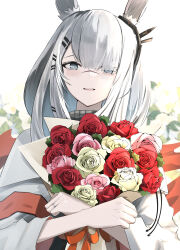 Rule 34 | 1girl, animal ears, arknights, blurry, blurry background, blush, bouquet, coat, commentary, depayama (depaty), flower, frostnova (arknights), grey eyes, hair ornament, hair over one eye, hairclip, highres, holding, holding bouquet, long hair, looking at viewer, parted lips, pink flower, pink rose, rabbit, rabbit ears, red flower, red rose, red scarf, rose, scar, scar on face, scar on nose, scarf, simple background, smile, solo, upper body, white background, white coat, white hair, yellow flower, yellow rose