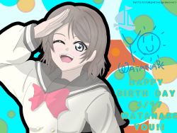Rule 34 | 1girl, ;), absurdres, aqua eyes, artist name, artist request, blue eyes, blush, bow, bowtie, breasts, brown hair, buttons, collarbone, collared shirt, female focus, grey hair, grey sailor collar, hair between eyes, highres, light brown hair, long sleeves, looking at viewer, love live!, love live! sunshine!!, medium breasts, one eye closed, parted lips, red bow, red bowtie, sailor collar, salute, school uniform, shirt, short hair, smile, solo, upper body, uranohoshi school uniform, watanabe you, white shirt, yellow buttons