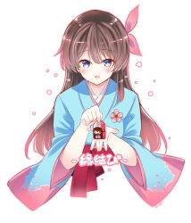 Rule 34 | 1girl, amamiya sakura, blue kimono, blush, charm (object), hair ribbon, heart, highres, holding charm, japanese clothes, kimono, looking at viewer, open hand, open mouth, pink ribbon, purple eyes, red skirt, ribbon, sakura taisen, sdwing, shin sakura taisen, skirt, solo, upper body, white background