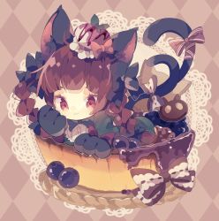 Rule 34 | 1girl, :3, animal ear fluff, animal ears, animal hands, argyle, argyle background, argyle clothes, black bow, black bowtie, blueberry, blunt bangs, bow, bowtie, braid, brown background, cat ears, cat tail, chibi, claws, closed mouth, dress, female focus, food, frills, fruit, gloves, green dress, hair bow, hair ribbon, in basket, kaenbyou rin, long hair, looking at viewer, multiple tails, nekomata, nikorashi-ka, paw gloves, red bow, red eyes, red hair, ribbon, simple background, solo, tail, tail bow, tail ornament, touhou, tress ribbon, twin braids, twintails, two tails