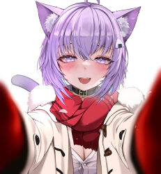 Rule 34 | 1girl, absurdres, ahoge, animal collar, animal ear fluff, animal ears, belt collar, black collar, breasts, bursting breasts, button gap, buttons, cat ears, cat girl, cat tail, cleavage, coat, collar, crossed bangs, dot nose, duffel coat, fang, food, fur-trimmed coat, fur-trimmed scarf, fur trim, gloves, hair between eyes, hair ornament, half-closed eyes, highres, hololive, kkato, large breasts, looking at viewer, meme, mittens, nekomata okayu, onigiri, open clothes, open coat, open mouth, pov, pov cheek warming (meme), purple eyes, purple hair, reaching, reaching towards viewer, red gloves, red mittens, red scarf, scarf, shirt, short hair, sidelocks, simple background, snowing, solo, straight-on, tail, taut clothes, taut shirt, teeth, toggles, tongue, virtual youtuber, white background, white coat, winter clothes, winter coat, winter gloves